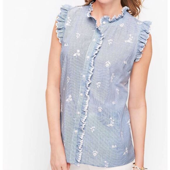Talbots Blouse Women's Small Blue White Embroidered Floral Stripe Cotton Shell - Picture 1 of 6